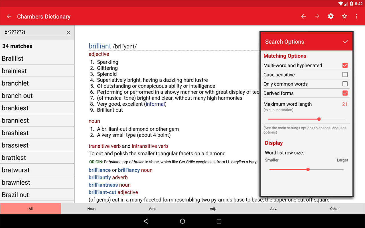 Chambers Dictionary Android app on tablet