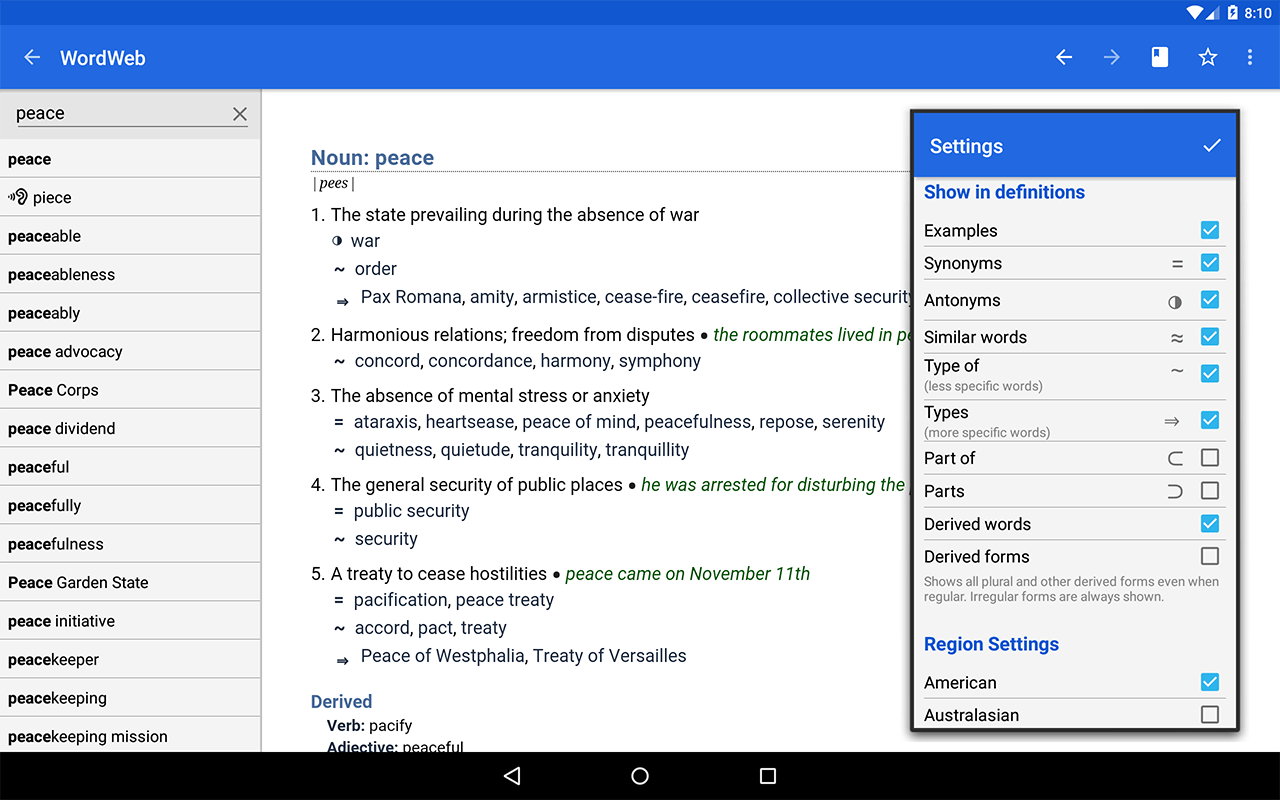 WordWeb Android app on tablet