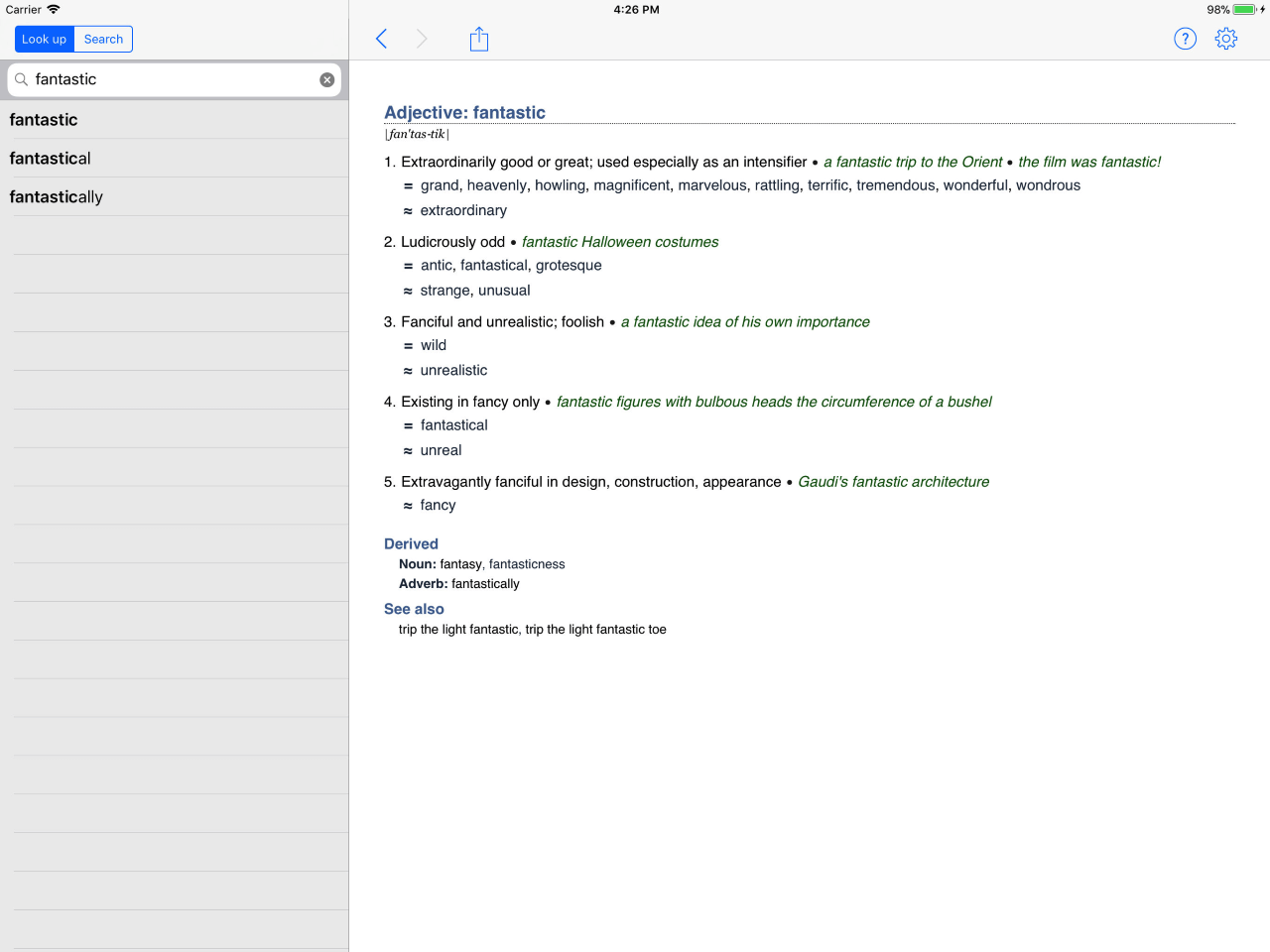 WordWeb Minimal Dictionary on iPad